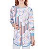 Color:Tangerine Multi - Image 1 - Petite Size Stripe Floral Placement Print Scoop Neck 3/4 Sleeve Pullover