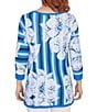 Color:Baltic Multi - Image 2 - Petite Size Stripe Floral Placement Print Scoop Neck 3/4 Sleeve Pullover