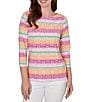 Ruby Rd. Petite Size Stripe Medallion Boat Neck 3/4 Sleeve Top - Image 1
