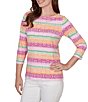 Ruby Rd. Petite Size Stripe Medallion Boat Neck 3/4 Sleeve Top - Image 4