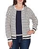 Ruby Rd. Petite Size Striped Ribbed Long Sleeve Mesh Zip-Up Sweater, Color:Ivory - Image 1