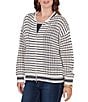 Ruby Rd. Petite Size Striped Ribbed Long Sleeve Mesh Zip-Up Sweater, Color:Ivory - Image 4