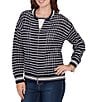 Ruby Rd. Petite Size Striped Ribbed Long Sleeve Mesh Zip-Up Sweater, Color:Navy - Image 4