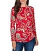 Ruby Rd. Petite Size Sueded Stretch Knit Whimsical Paisley V-Neck Long Sleeve Side Ruched Top - Image 1