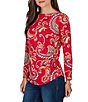 Ruby Rd. Petite Size Sueded Stretch Knit Whimsical Paisley V-Neck Long Sleeve Side Ruched Top - Image 3