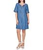 Ruby Rd. Petite Size Tencel™ Split Neck Short Sleeve Lace-Up Shift Dress - Image 1