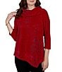 Ruby Rd. Petite Size Textured Animal Jacquard Split Cowl Neck 3/4 Sleeve Asymmetric Hem Sweater - Image 4