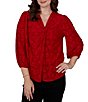 Ruby Rd. Petite Size Textured Floral Clip Jacquard V-Neck 3/4 Sleeve Top - Image 1