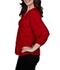 Ruby Rd. Petite Size Textured Floral Clip Jacquard V-Neck 3/4 Sleeve Top - Image 3