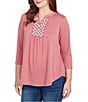 Ruby Rd. Petite Size Textured Knit Split V-Neck 3/4 Sleeve Top, Color:Sangria - Image 4