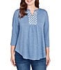 Ruby Rd. Petite Size Textured Knit Split V-Neck 3/4 Sleeve Top, Color:Indigo - Image 1