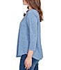 Ruby Rd. Petite Size Textured Knit Split V-Neck 3/4 Sleeve Top, Color:Indigo - Image 3