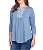 Ruby Rd. Petite Size Textured Knit Split V-Neck 3/4 Sleeve Top, Color:Indigo - Image 4