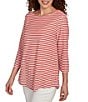 Ruby Rd. Petite Size Textured Knit Stripe Print Square Neck 3/4 Sleeve Top, Color:Chili/Ivory - Image 1