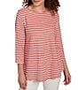Ruby Rd. Petite Size Textured Knit Stripe Print Square Neck 3/4 Sleeve Top, Color:Chili/Ivory - Image 3