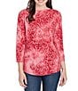 Ruby Rd. Petite Size Textured Knit Tie-Dye Scroll Floral Boat Neck 3/4 Sleeve Top, Color:Sangria - Image 1