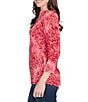 Ruby Rd. Petite Size Textured Knit Tie-Dye Scroll Floral Boat Neck 3/4 Sleeve Top, Color:Sangria - Image 3