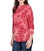 Ruby Rd. Petite Size Textured Knit Tie-Dye Scroll Floral Boat Neck 3/4 Sleeve Top, Color:Sangria - Image 4