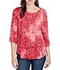 Ruby Rd. Petite Size Textured Knit Tie-Dye Scroll Floral Burnout Boat Neck 3/4 Roll-Tab Sleeve Top, Color:Sangria - Image 1