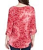 Ruby Rd. Petite Size Textured Knit Tie-Dye Scroll Floral Burnout Boat Neck 3/4 Roll-Tab Sleeve Top, Color:Sangria - Image 2