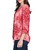 Ruby Rd. Petite Size Textured Knit Tie-Dye Scroll Floral Burnout Boat Neck 3/4 Roll-Tab Sleeve Top, Color:Sangria - Image 3
