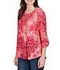 Ruby Rd. Petite Size Textured Knit Tie-Dye Scroll Floral Burnout Boat Neck 3/4 Roll-Tab Sleeve Top, Color:Sangria - Image 4