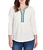 Ruby Rd. Petite Size Textured Slub Knit Split Round V-Neck 3/4 Sleeve Embellished Top, Color:Ivory - Image 1