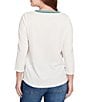 Ruby Rd. Petite Size Textured Slub Knit Split Round V-Neck 3/4 Sleeve Embellished Top, Color:Ivory - Image 2
