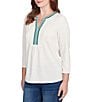 Ruby Rd. Petite Size Textured Slub Knit Split Round V-Neck 3/4 Sleeve Embellished Top, Color:Ivory - Image 4