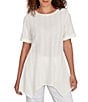 Ruby Rd. Petite Size Textured Solid Knit Crinkle Stripe Round Neck Short Sleeve Sharkbite Hem Top, Color:Ivory - Image 1