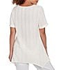 Ruby Rd. Petite Size Textured Solid Knit Crinkle Stripe Round Neck Short Sleeve Sharkbite Hem Top, Color:Ivory - Image 2