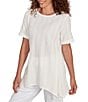 Ruby Rd. Petite Size Textured Solid Knit Crinkle Stripe Round Neck Short Sleeve Sharkbite Hem Top, Color:Ivory - Image 4