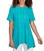 Ruby Rd. Petite Size Textured Solid Knit Crinkle Stripe Round Neck Short Sleeve Sharkbite Hem Top, Color:Turquoise - Image 1