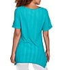 Ruby Rd. Petite Size Textured Solid Knit Crinkle Stripe Round Neck Short Sleeve Sharkbite Hem Top, Color:Turquoise - Image 2