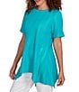 Ruby Rd. Petite Size Textured Solid Knit Crinkle Stripe Round Neck Short Sleeve Sharkbite Hem Top, Color:Turquoise - Image 4