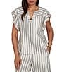 Ruby Rd. Petite Size Textured Stripe Split V-Neck Short Flutter Sleeve Coordinating Top - Image 1