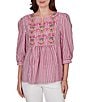 Ruby Rd. Petite Size Textured Yarn-Dyed Stripe Embroidered Split V-Neck 3/4 Sleeve Blouse - Image 1