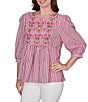 Ruby Rd. Petite Size Textured Yarn-Dyed Stripe Embroidered Split V-Neck 3/4 Sleeve Blouse - Image 4