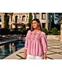 Ruby Rd. Petite Size Textured Yarn-Dyed Stripe Embroidered Split V-Neck 3/4 Sleeve Blouse - Image 5