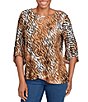 Ruby Rd. Petite Size Tie-Dye Zebra Keyhole Neck 3/4 Bell Sleeve Crossover Hem Jacquard Knit Top, Color:Tan Multi - Image 1