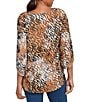 Ruby Rd. Petite Size Tie-Dye Zebra Keyhole Neck 3/4 Bell Sleeve Crossover Hem Jacquard Knit Top, Color:Tan Multi - Image 2