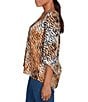 Ruby Rd. Petite Size Tie-Dye Zebra Keyhole Neck 3/4 Bell Sleeve Crossover Hem Jacquard Knit Top, Color:Tan Multi - Image 3