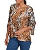 Ruby Rd. Petite Size Tie-Dye Zebra Keyhole Neck 3/4 Bell Sleeve Crossover Hem Jacquard Knit Top, Color:Tan Multi - Image 4