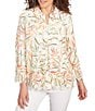 Ruby Rd. Petite Size Coordinating Tropical Fern Print 3/4 Sleeve Lace Embroidered Scallop Edge Button Front Shirt, Color:Peach Multi - Image 1