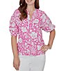 Ruby Rd. Petite Size Tropical Floral Split V-Neck Elbow Sleeve Top - Image 1