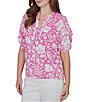 Ruby Rd. Petite Size Tropical Floral Split V-Neck Elbow Sleeve Top - Image 4