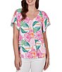 Ruby Rd. Petite Size Tropical Floral V-Neck Short Flutter Sleeve Top - Image 1