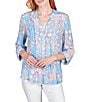 Color:Capri Multi - Image 1 - Petite Size Tropical Mixed Print Band Notch V-Neck Roll-Tab Sleeve Pleat Button-Front Shirt