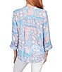 Color:Capri Multi - Image 2 - Petite Size Tropical Mixed Print Band Notch V-Neck Roll-Tab Sleeve Pleat Button-Front Shirt