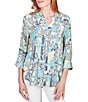 Color:Aruba Blue Multi - Image 1 - Petite Size Tropical Mixed Print Band Notch V-Neck Roll-Tab Sleeve Pleat Button-Front Shirt